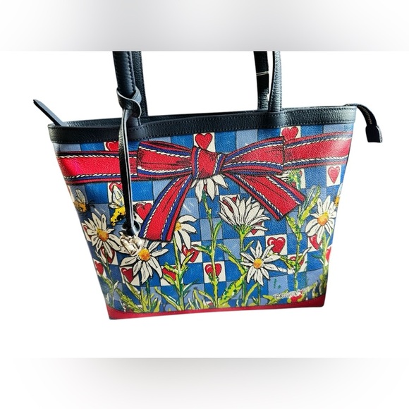 BRIGHTON BEE HAPPY LEATHER TOTE HANDBAG PURSE NAVY BLUE RED BOW HEARTS - Picture 6 of 16